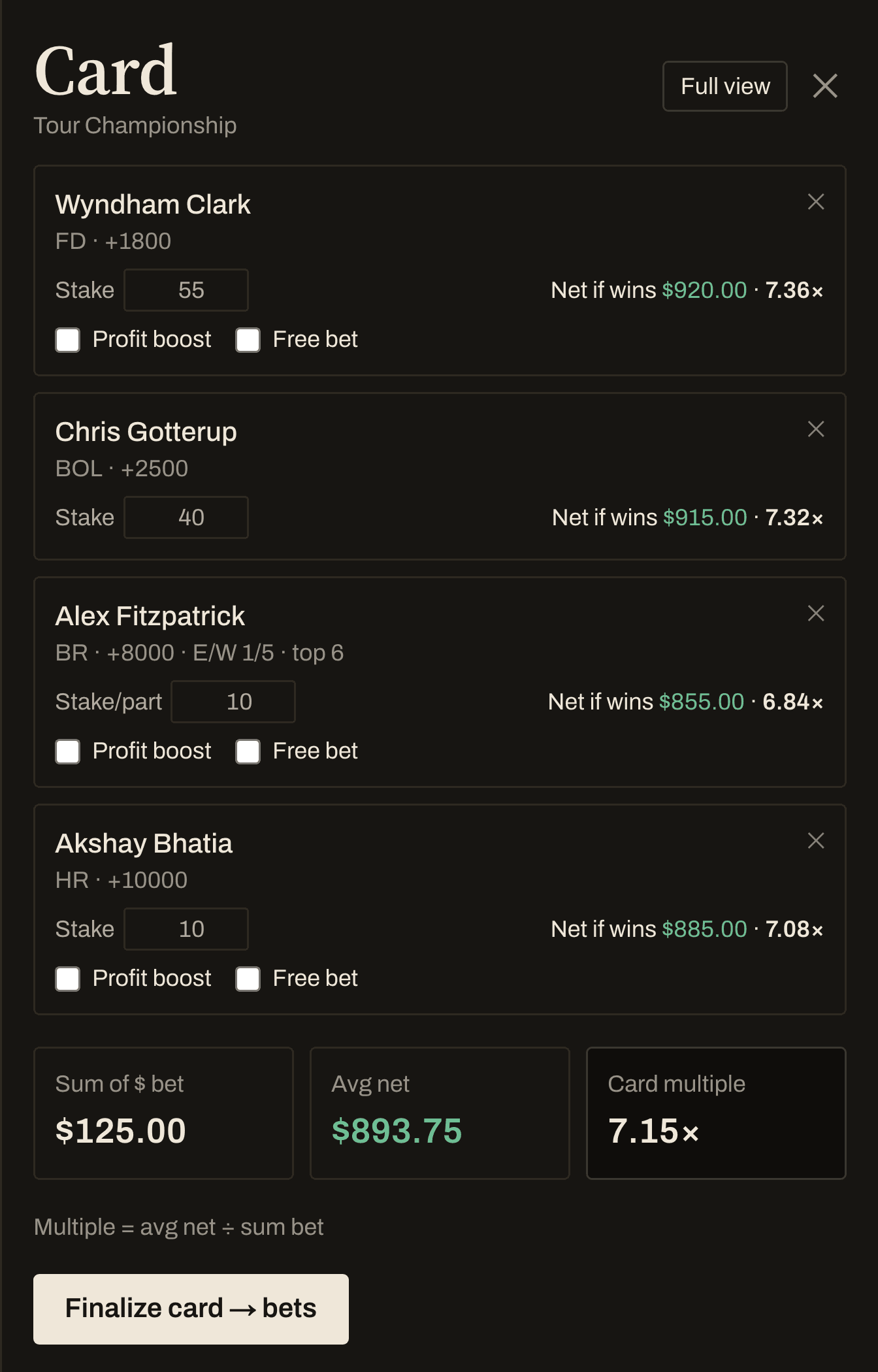 The card drawer with four golfers priced from +1800 to +10000 across four books, one of them an each-way bet, each staked so it returns about $1,000, with profit-boost and free-bet toggles per leg and a panel totalling the card multiple.